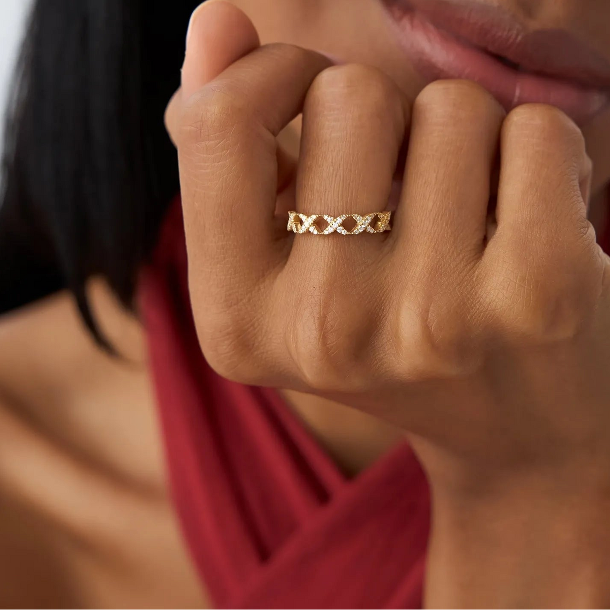14K Solid Gold Round Diamond 0.22 Carat Pave Setting X Ring