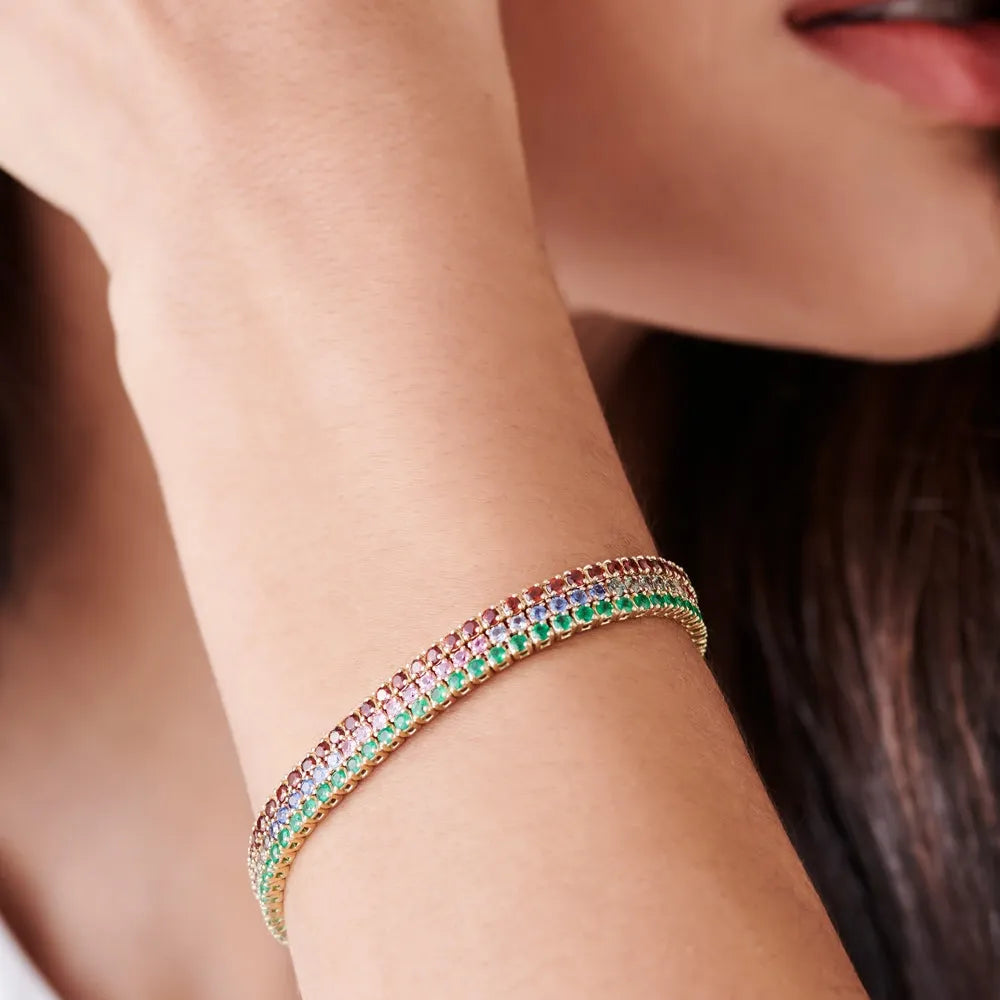 14k Gold Round Diamond and Multicolor Sapphire 4 Prong Tennis Bracelet