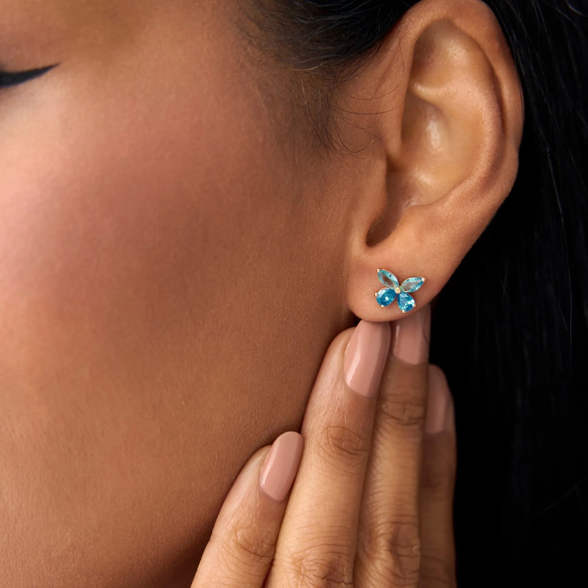 14K Solid Gold Marquise and Pear Cut London Blue Topaz Butterfly Stud Earrings 1.75ctw