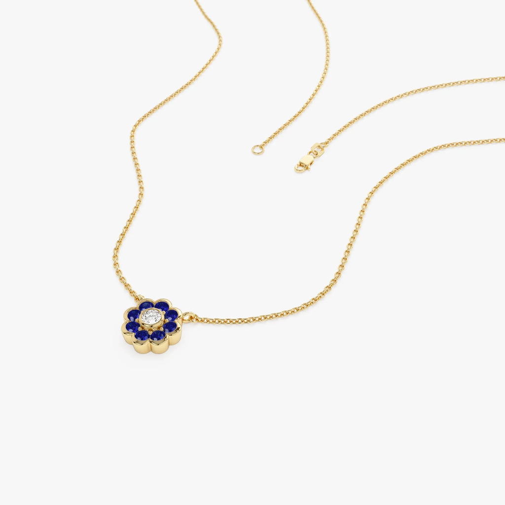 14k Solid Gold Round Sapphire 0.30 CTW and Diamond 0.05 CTW Flower Bezel Setting Necklace