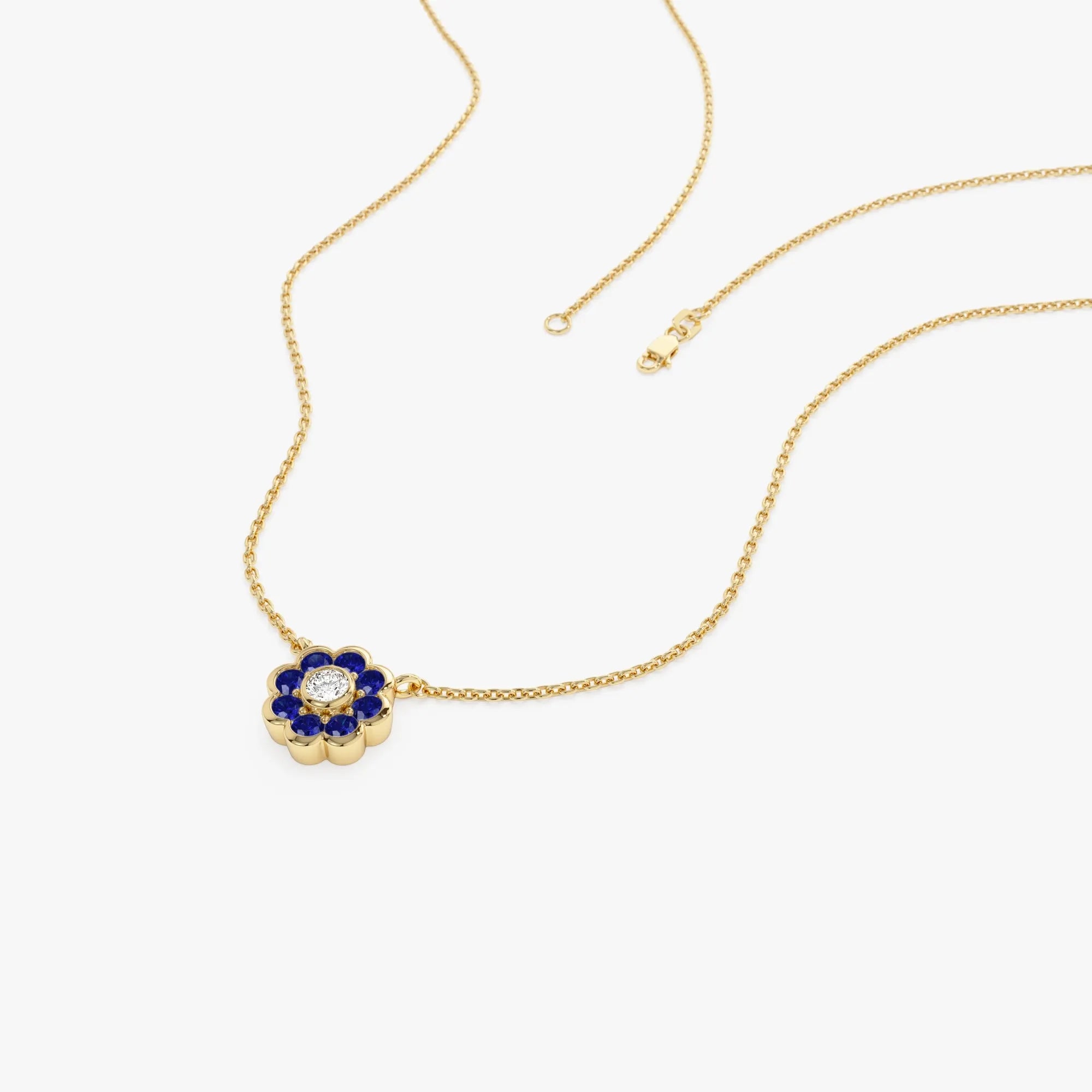 14k Solid Gold Round Sapphire 0.30 CTW and Diamond 0.05 CTW Flower Bezel Setting Necklace