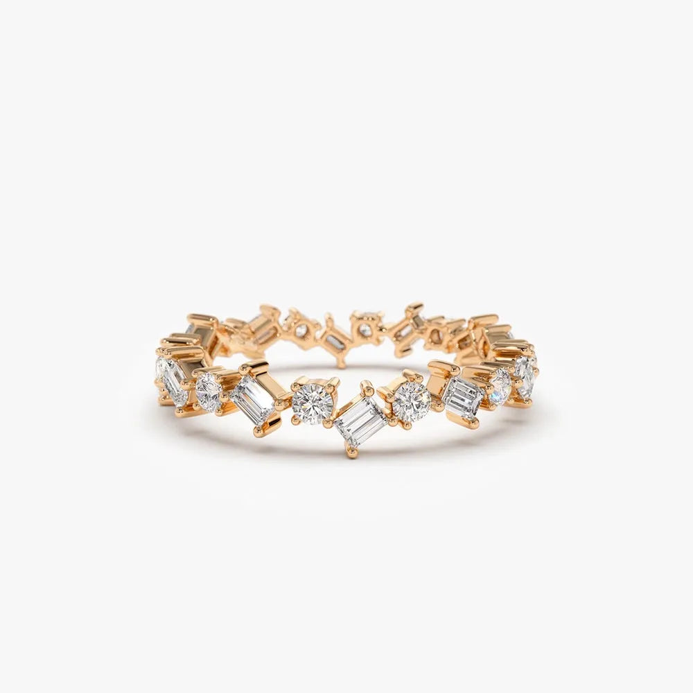 14k Gold Round and Baguette Diamond Full Eternity Ring 0.81 Carat