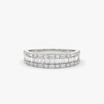 14K Solid Gold Baguette and Round Diamond 0.85 Carat Wedding Band