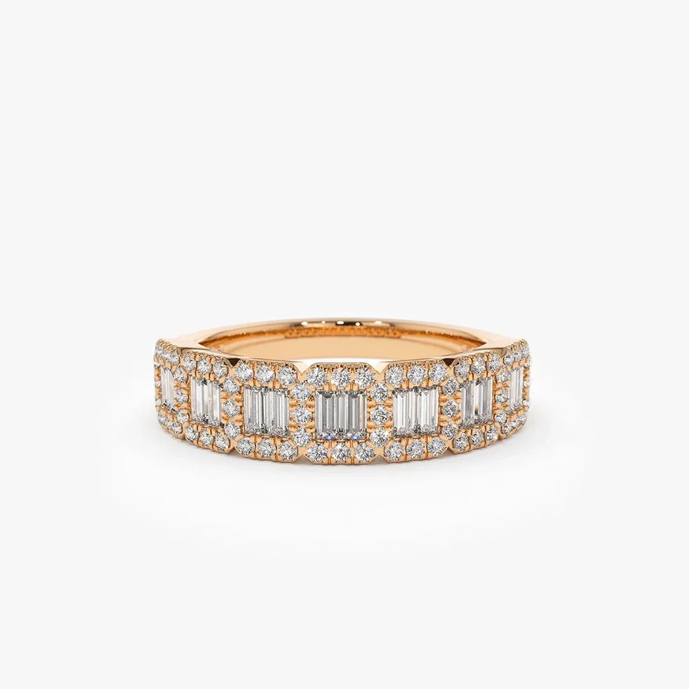 14K Gold Baguette and Round Diamond 0.70 ctw Channel Micro Pave Ring