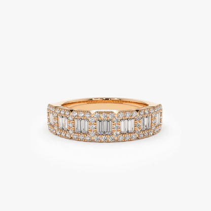 14K Gold Baguette and Round Diamond 0.70 ctw Channel Micro Pave Ring