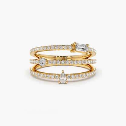 14k Gold 0.34 Carat Mixed Shape Round Baguette and Pear Diamond Triple Row Statement Ring