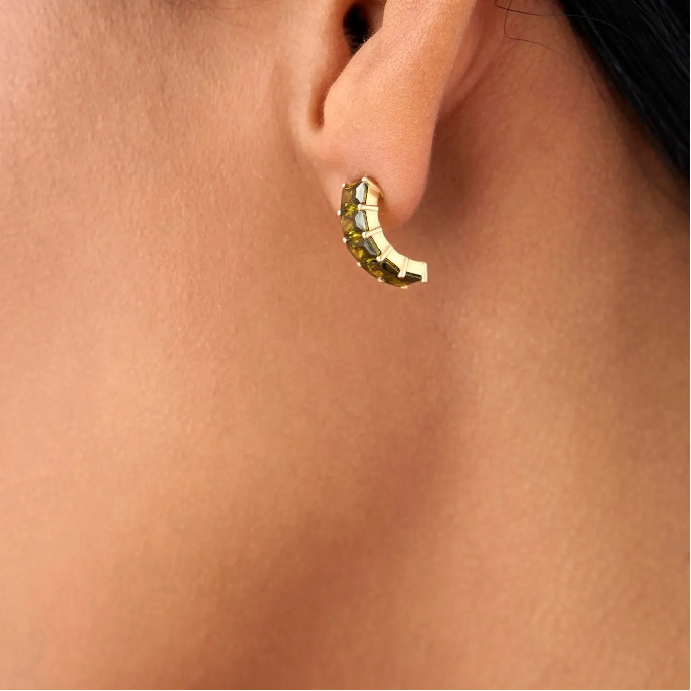 14K Solid Gold Octagon Cut Peridot Half Hoop Earrings 2.80ctw
