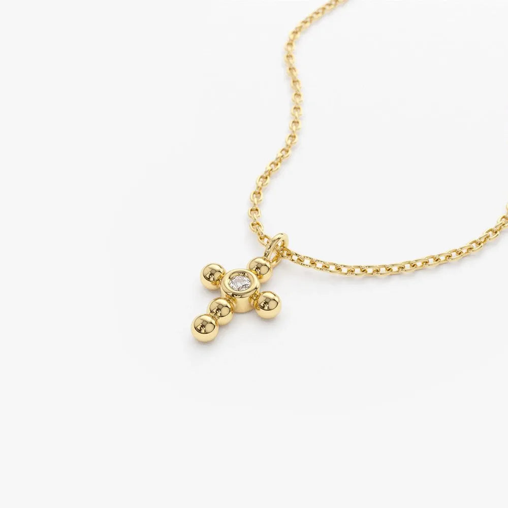 14K Solid Gold Round Diamond Tiny Ball Cross Pendant Necklace Bezel Set 0.03ctw