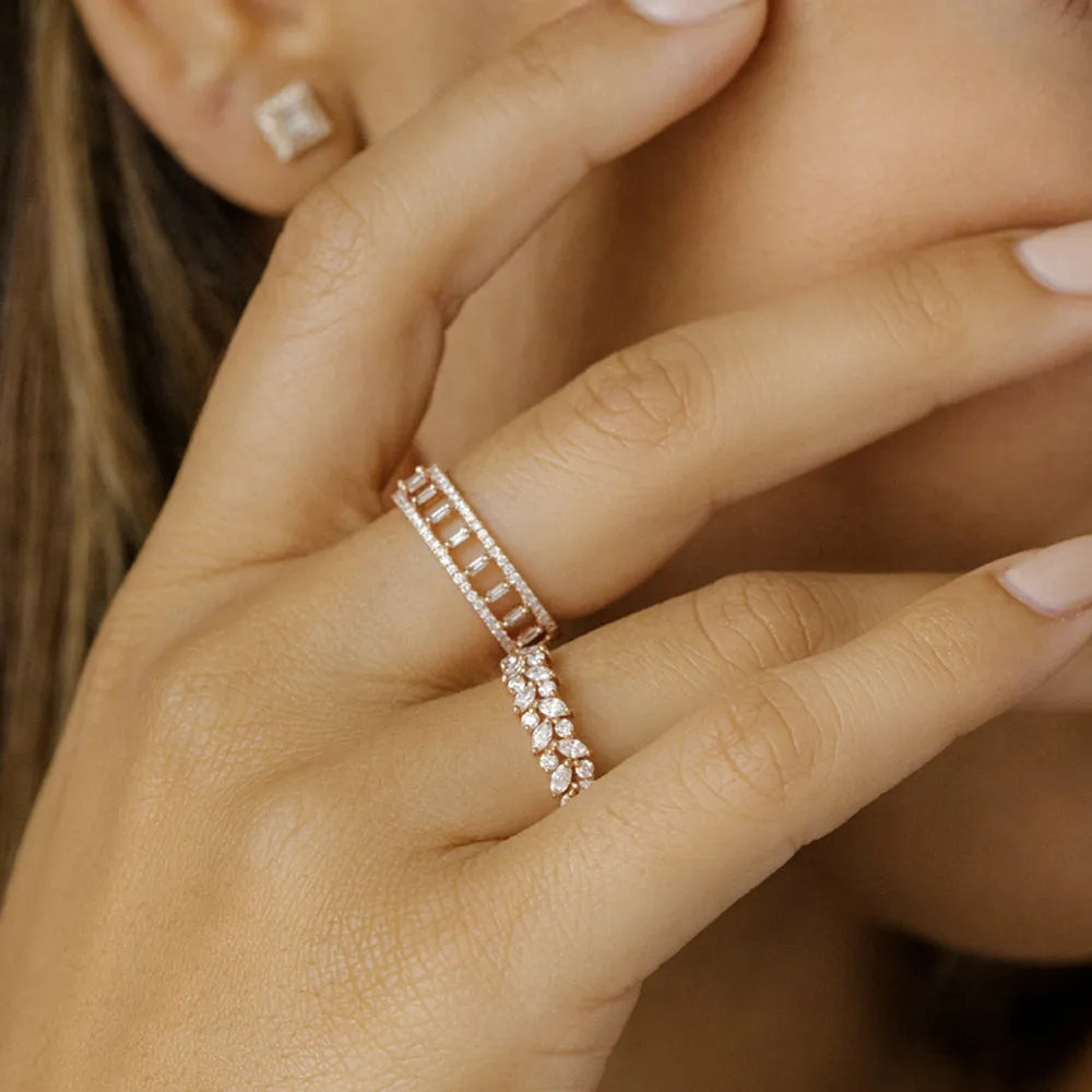 14K Solid Gold 0.40 Carat Baguette and Round Cut Diamond Double Row Micro Pave Ring