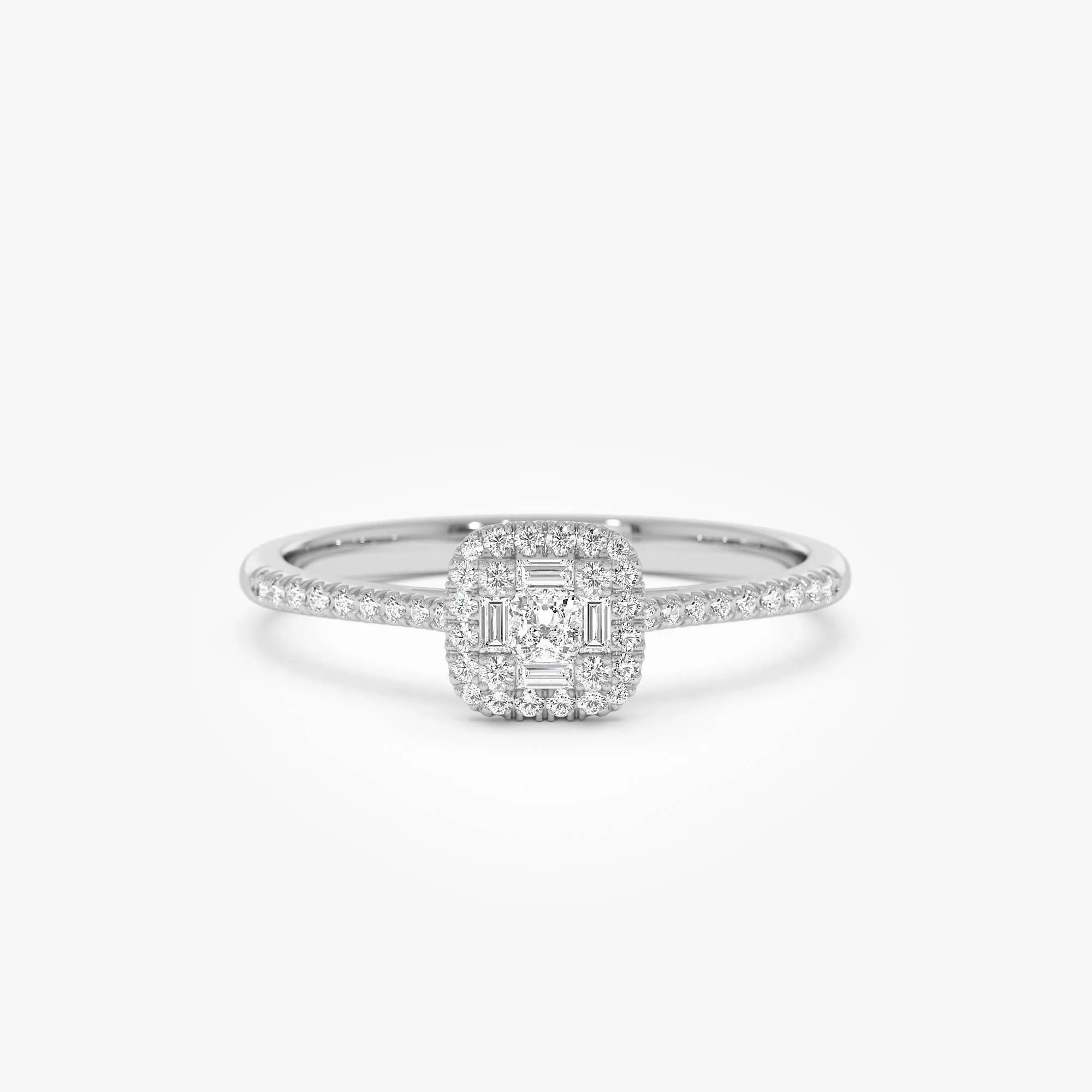 14k Gold 0.25 CTW Round Baguette and Princess Cut Diamond Halo Ring
