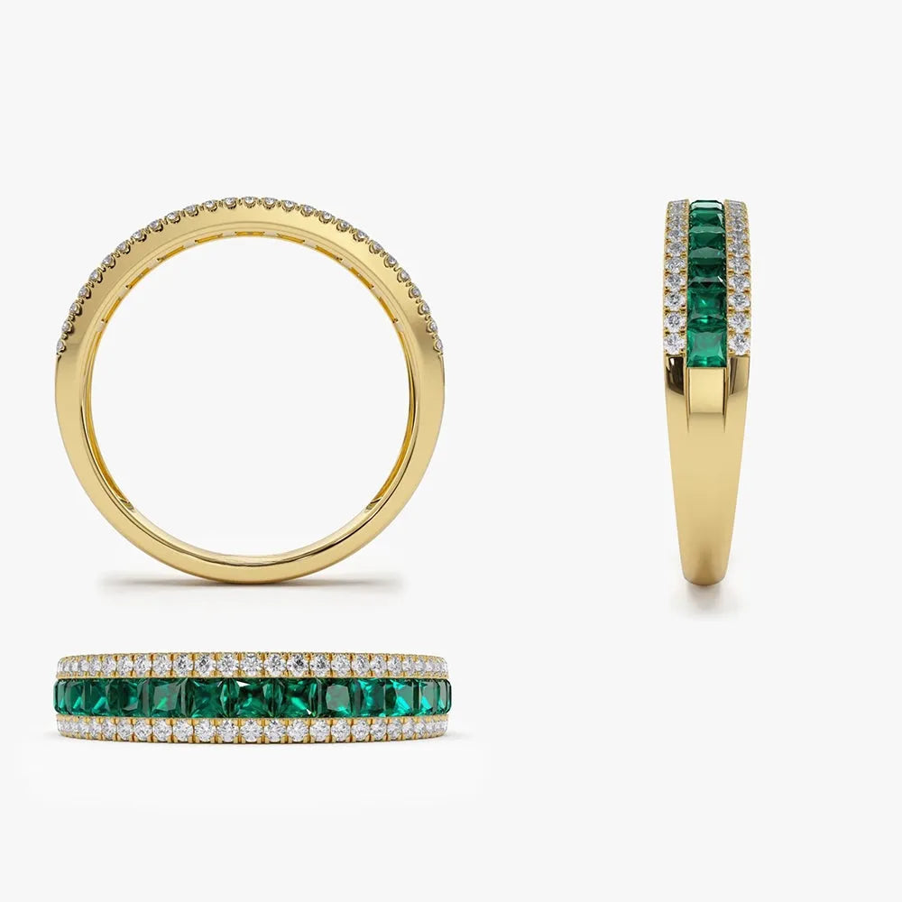 14K Gold Square Emerald and Round Diamond Half Eternity Band Ring 1.01 CTW