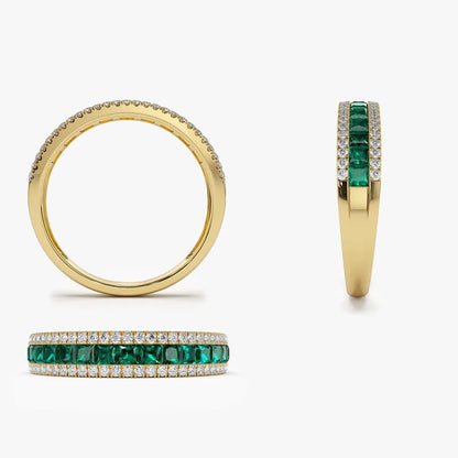 14K Gold Square Emerald and Round Diamond Half Eternity Band Ring 1.01 CTW