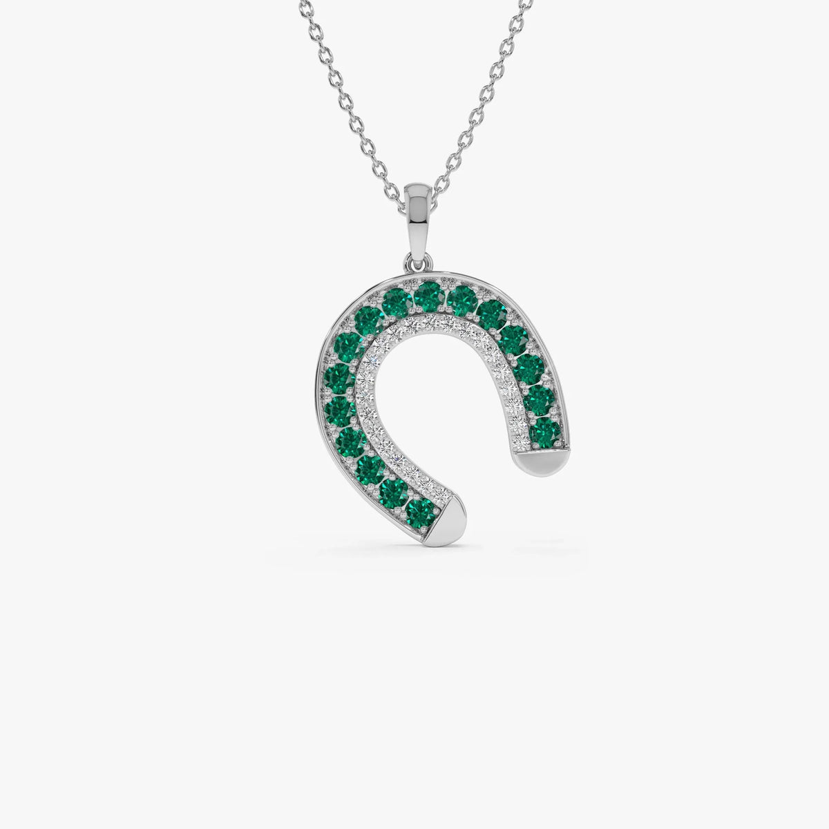 14k Solid Gold Round Emerald 0.45 CTW and Diamond 0.12 CTW Horseshoe Pendant Necklace