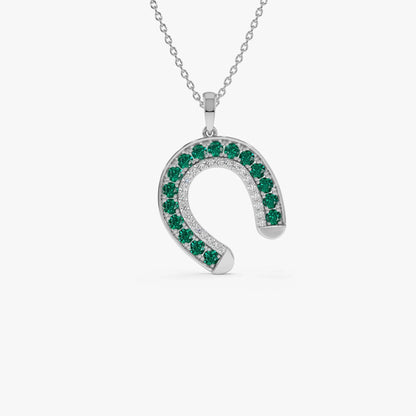 14k Solid Gold Round Emerald 0.45 CTW and Diamond 0.12 CTW Horseshoe Pendant Necklace
