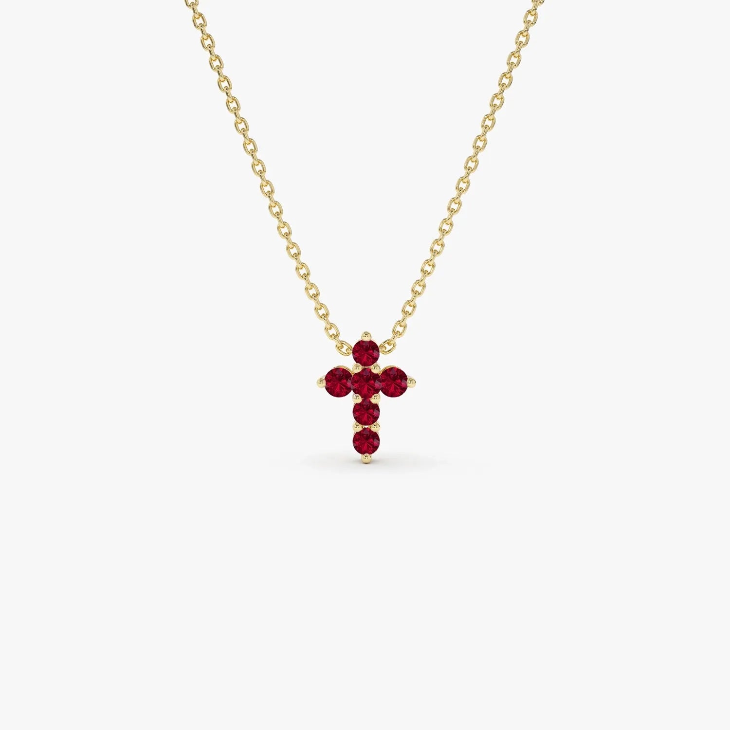 14k Solid Gold Round Ruby Tiny Cross Pendant Necklace 0.25 Carat Prong Setting