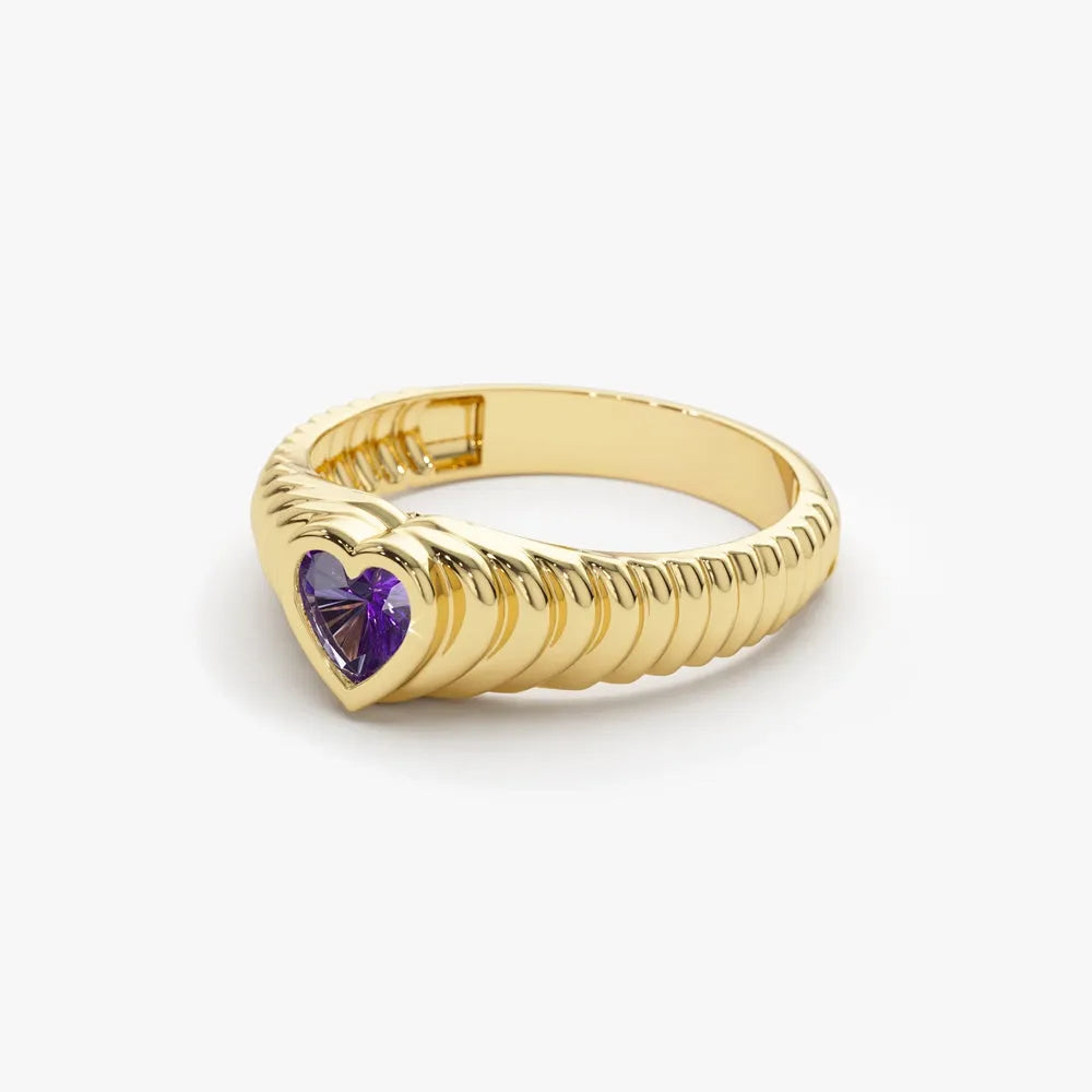 14K Solid Gold Heart Shape Amethyst 0.40 Carat Dome Beveled Ring