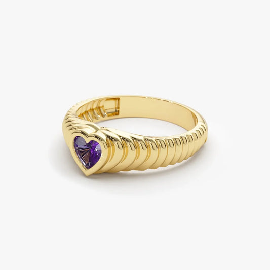 14K Solid Gold Heart Shape Amethyst 0.40 Carat Dome Beveled Ring