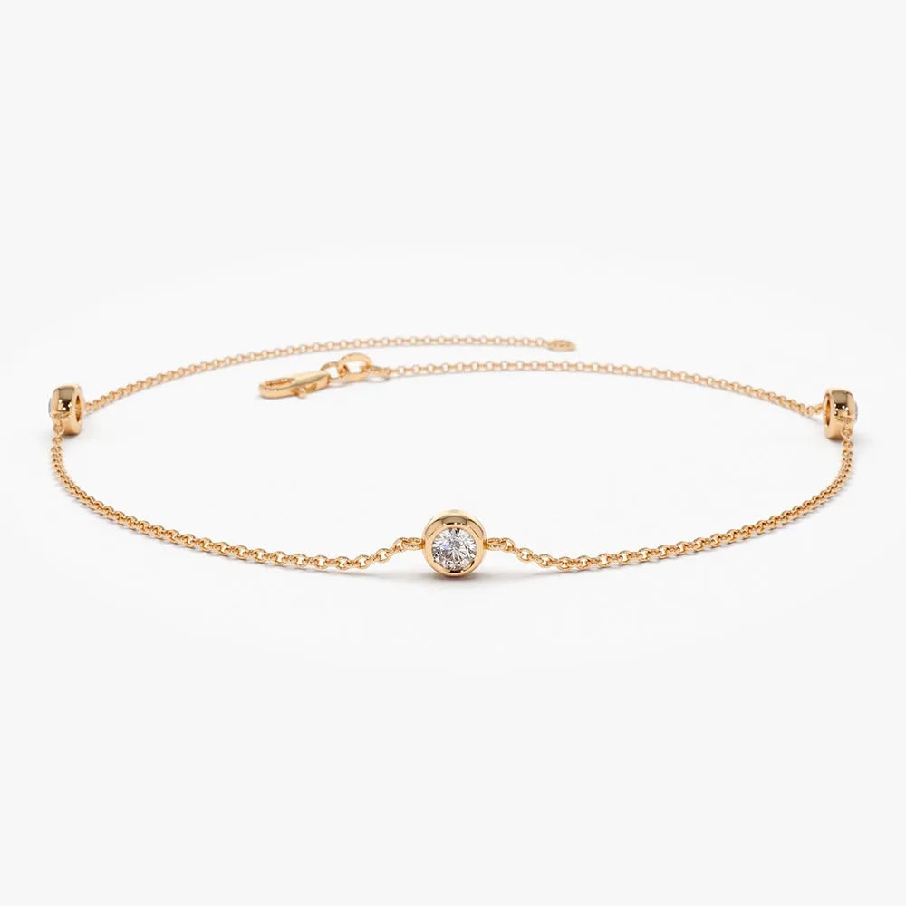 14K Solid Gold 0.30 CTW Round Diamond Three Stone Bezel Set Bracelet
