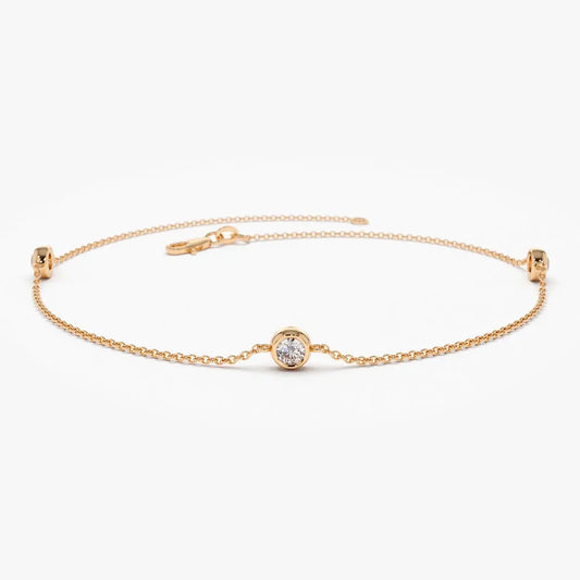 14K Solid Gold 0.30 CTW Round Diamond Three Stone Bezel Set Bracelet