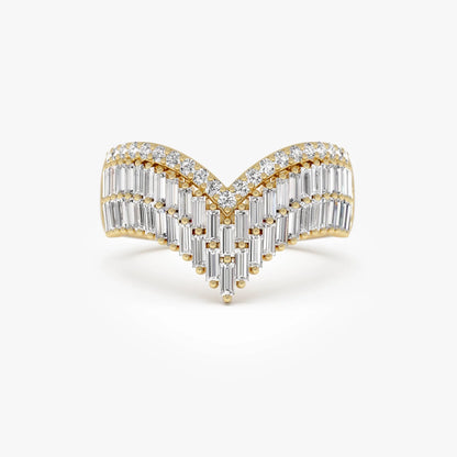 14k Solid Gold Baguette and Round Diamond 0.99 Carat Chevron Statement Ring