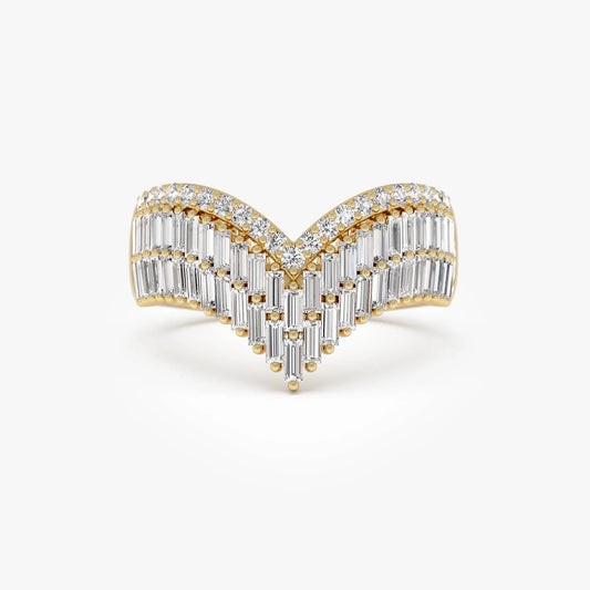 14k Solid Gold Baguette and Round Diamond 0.99 Carat Chevron Statement Ring