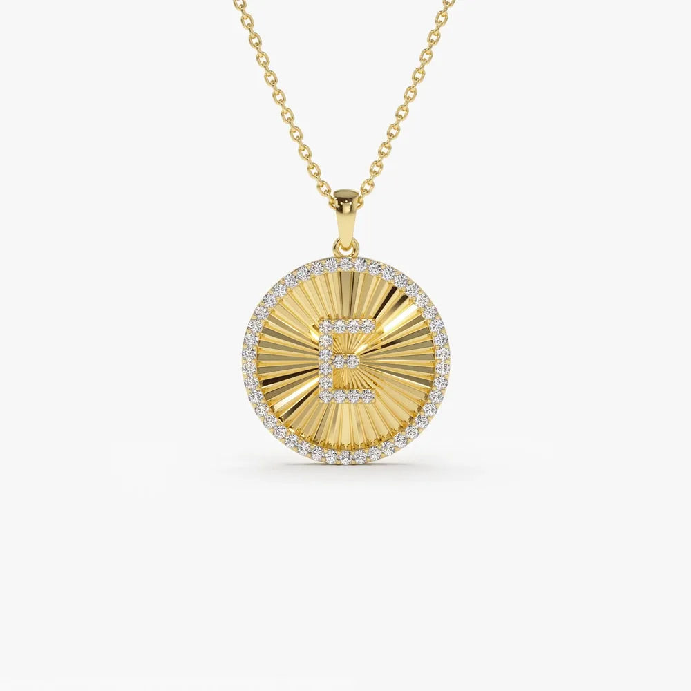 14K Solid Gold Round Diamond Initial Ballerina Disc Pendant Necklace 0.34ctw