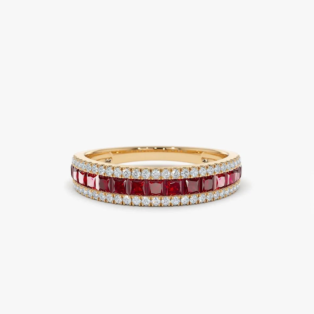 14k Solid Gold Ruby and Diamond Square and Round Cut Half Eternity Ring 1.05 ctw
