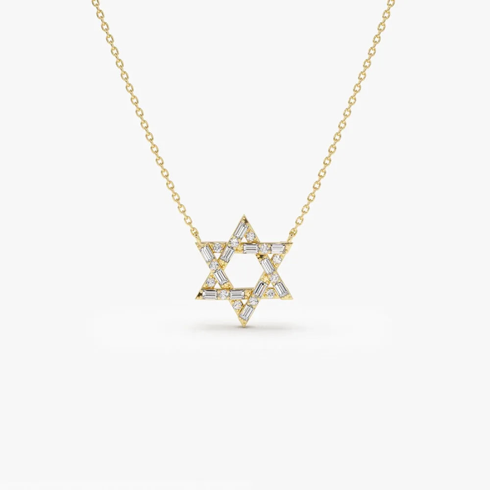 14K Solid Gold Baguette and Round Diamond Star of David Pendant Necklace 0.34ctw