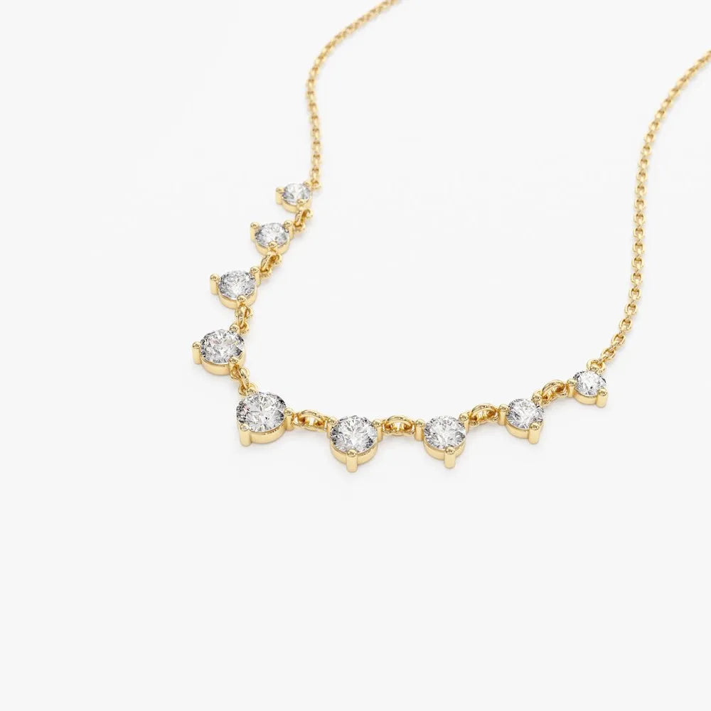14K Solid Gold Round Diamond Graduating Necklace Prong Setting 1.05ctw