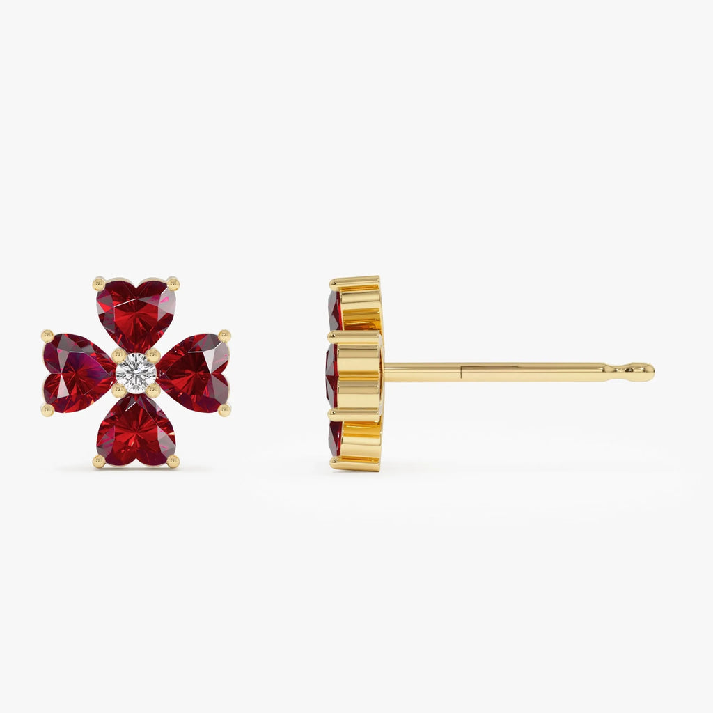 14K Solid Gold Heart Shaped Garnet and Diamond Four Leaf Clover Stud Earrings