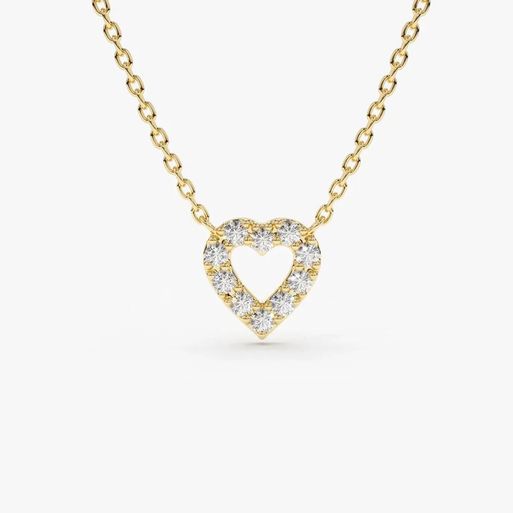14K Solid Gold Round Diamond Tiny Heart Pendant Necklace Prong Setting 0.10ctw
