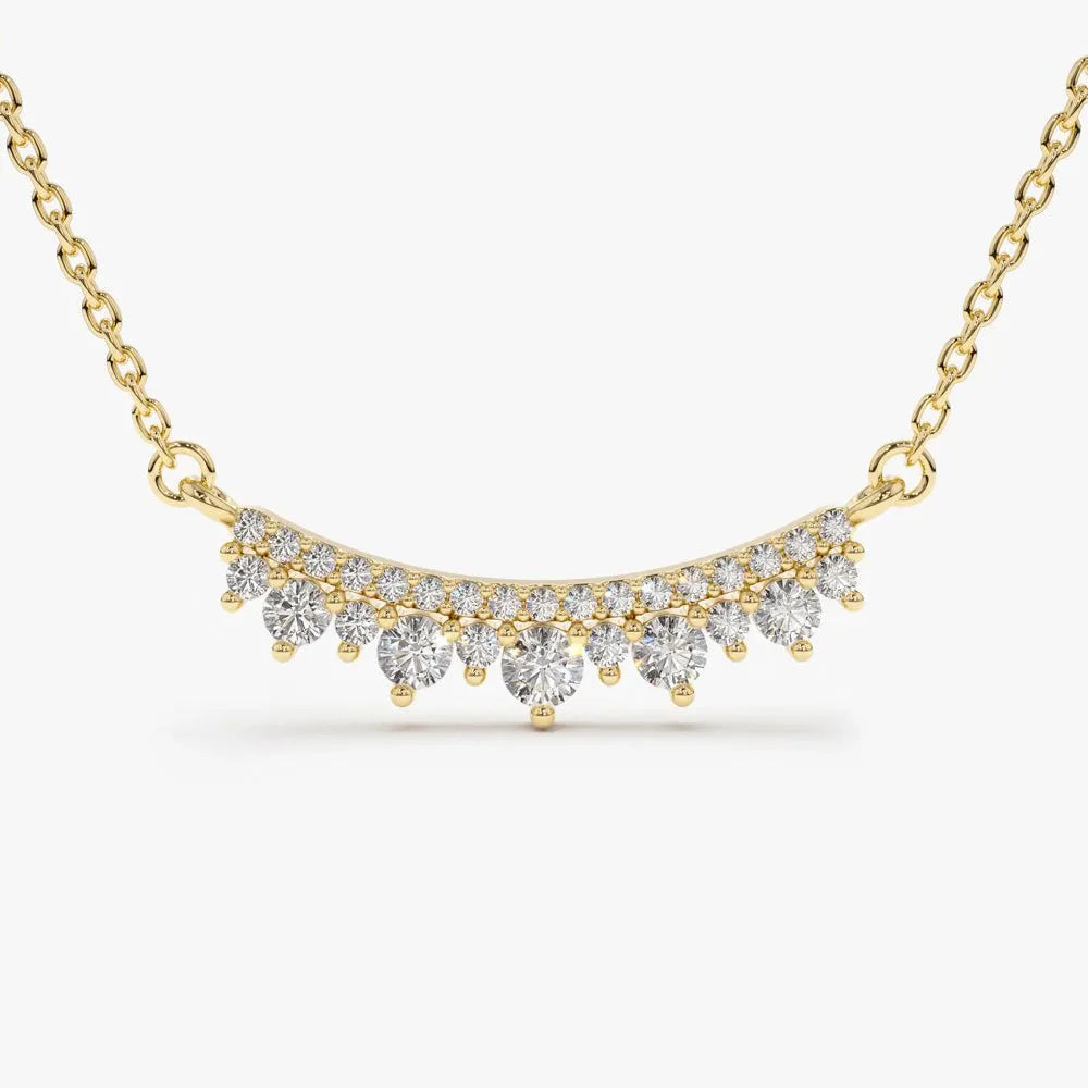 14K Solid Gold Round Diamond Curved Bar Necklace Micro Pave 0.39ctw