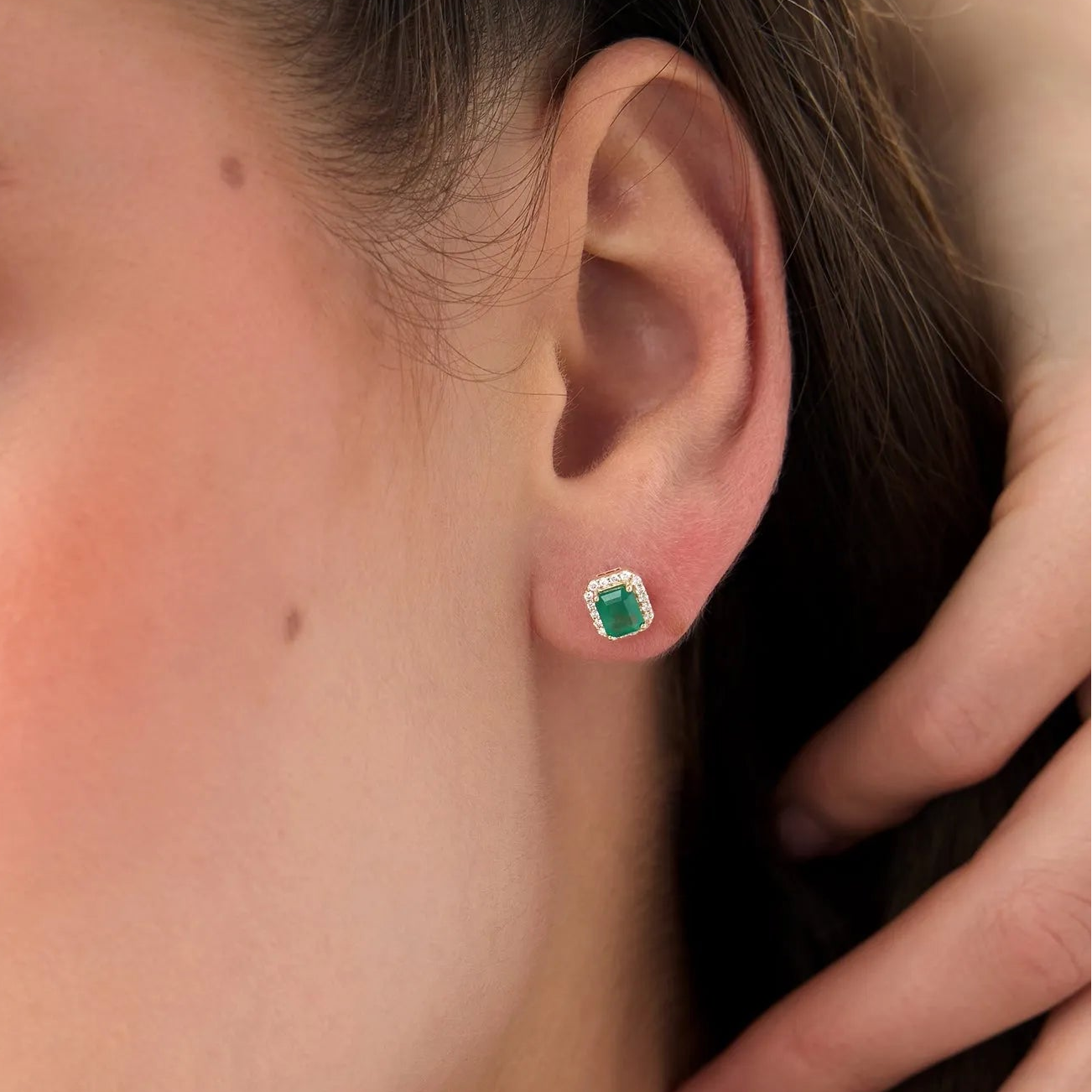14k Solid Gold Octagon Emerald and Round Diamond Halo Stud Earrings 1.04 ctw