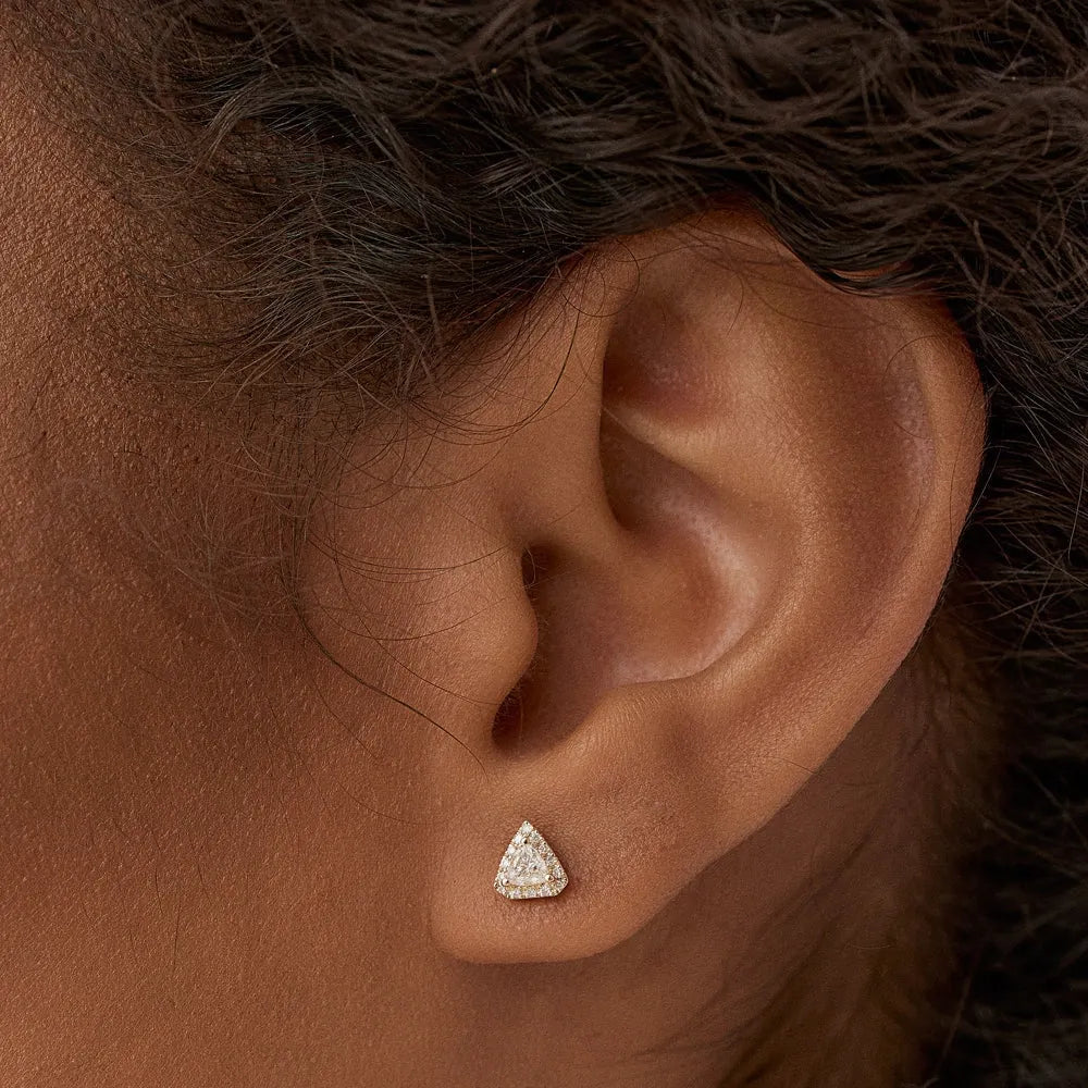 14k Gold Diamond Trillion Round Cut Petite Halo Setting Stud Earrings 0.30 ctw
