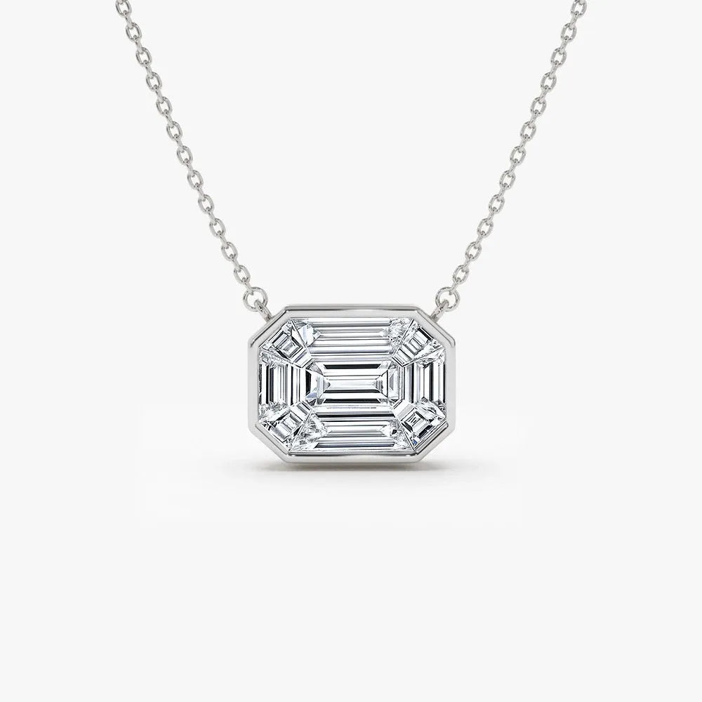 14K Solid Gold Baguette Diamond Step Cut Mosaic Illusion Necklace Invisible Bezel Setting 0.48ctw