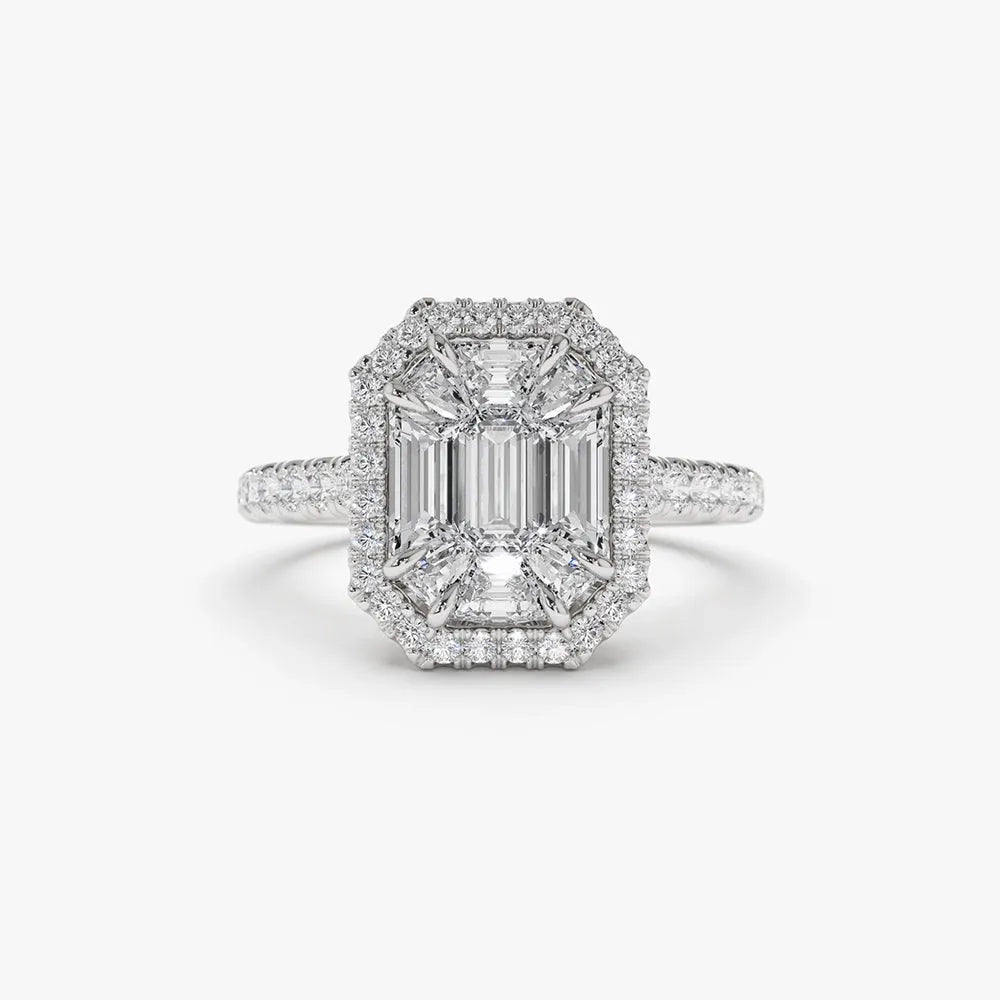 14k Gold 0.55 CTW Diamond Emerald Cut Illusion Halo Engagement Ring with Invisible Claw Setting