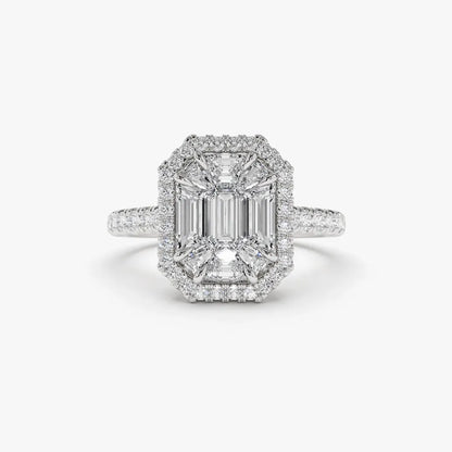 14k Gold 0.55 CTW Diamond Emerald Cut Illusion Halo Engagement Ring with Invisible Claw Setting