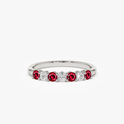 14k Gold Ruby and Diamond Round Cut 7 Stone Basket Setting Wedding Ring 0.43 ctw