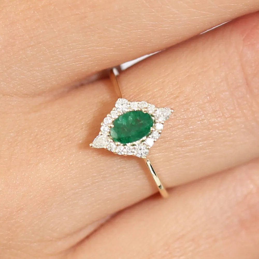 14K Solid Gold Oval Emerald and Pear Round Diamond Ballerina Ring 0.88 CTW