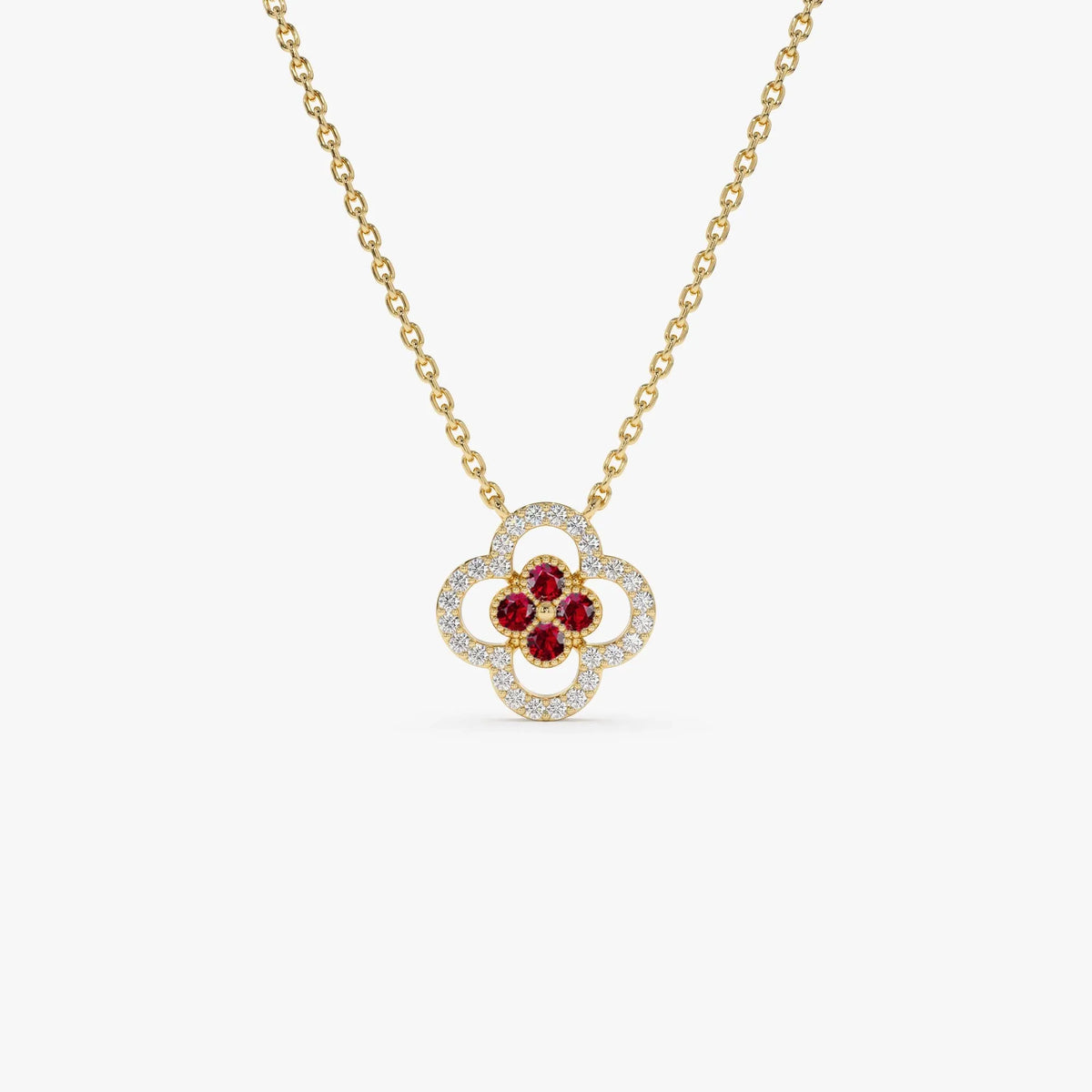 14k Solid Gold Ruby and Diamond Round Clover Halo Necklace 0.24 Carat