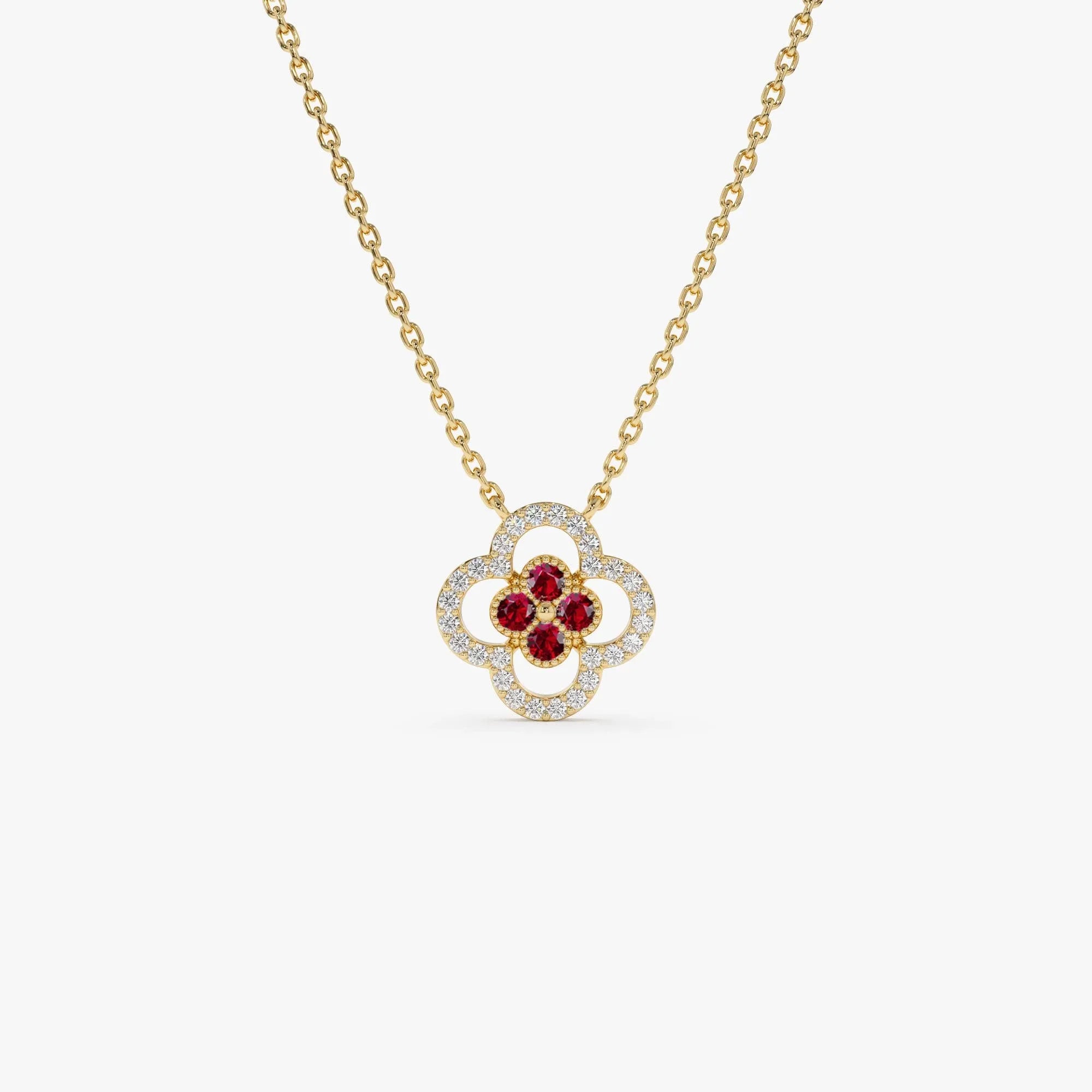 14k Solid Gold Ruby and Diamond Round Clover Halo Necklace 0.24 Carat