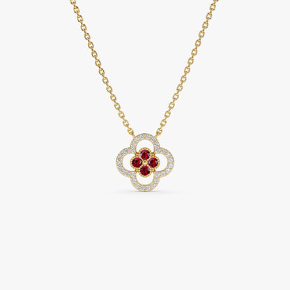 14k Solid Gold Ruby and Diamond Round Clover Halo Necklace 0.24 Carat