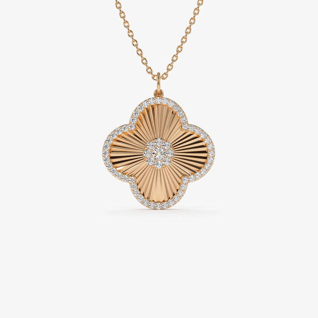 14K Solid Gold 0.38 CTW Round Diamond Textured Clover Charm Pendant Necklace