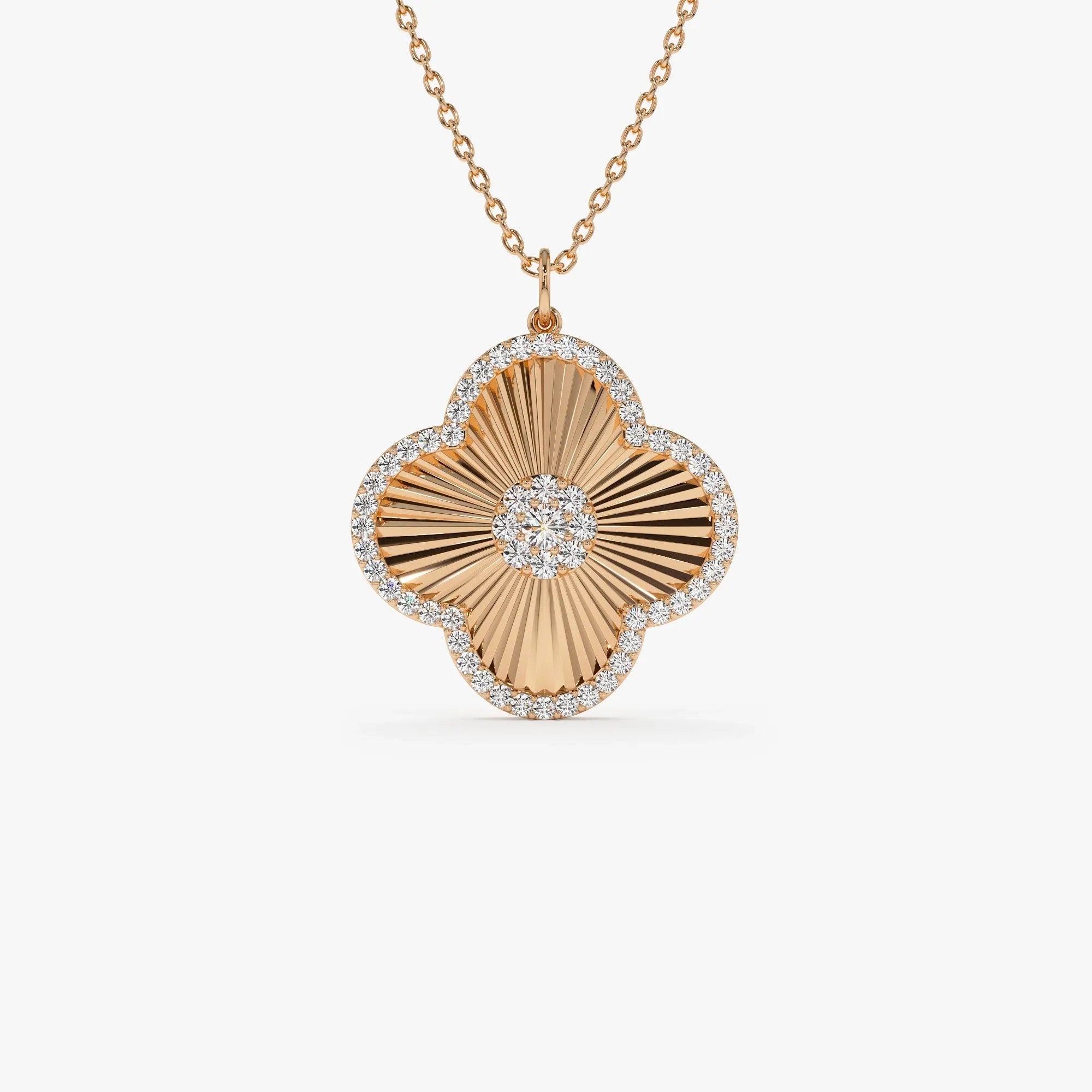 14K Solid Gold 0.38 CTW Round Diamond Textured Clover Charm Pendant Necklace