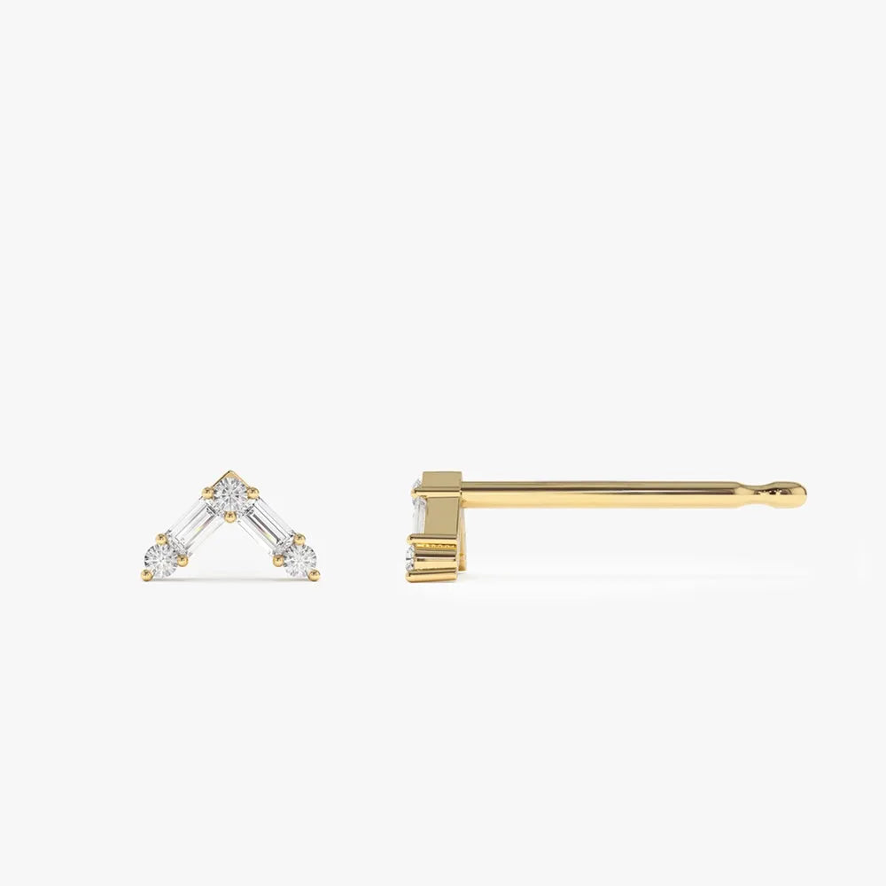 14k Gold Diamond Baguette and Round Cut Earrings Prong Setting 0.14 ctw