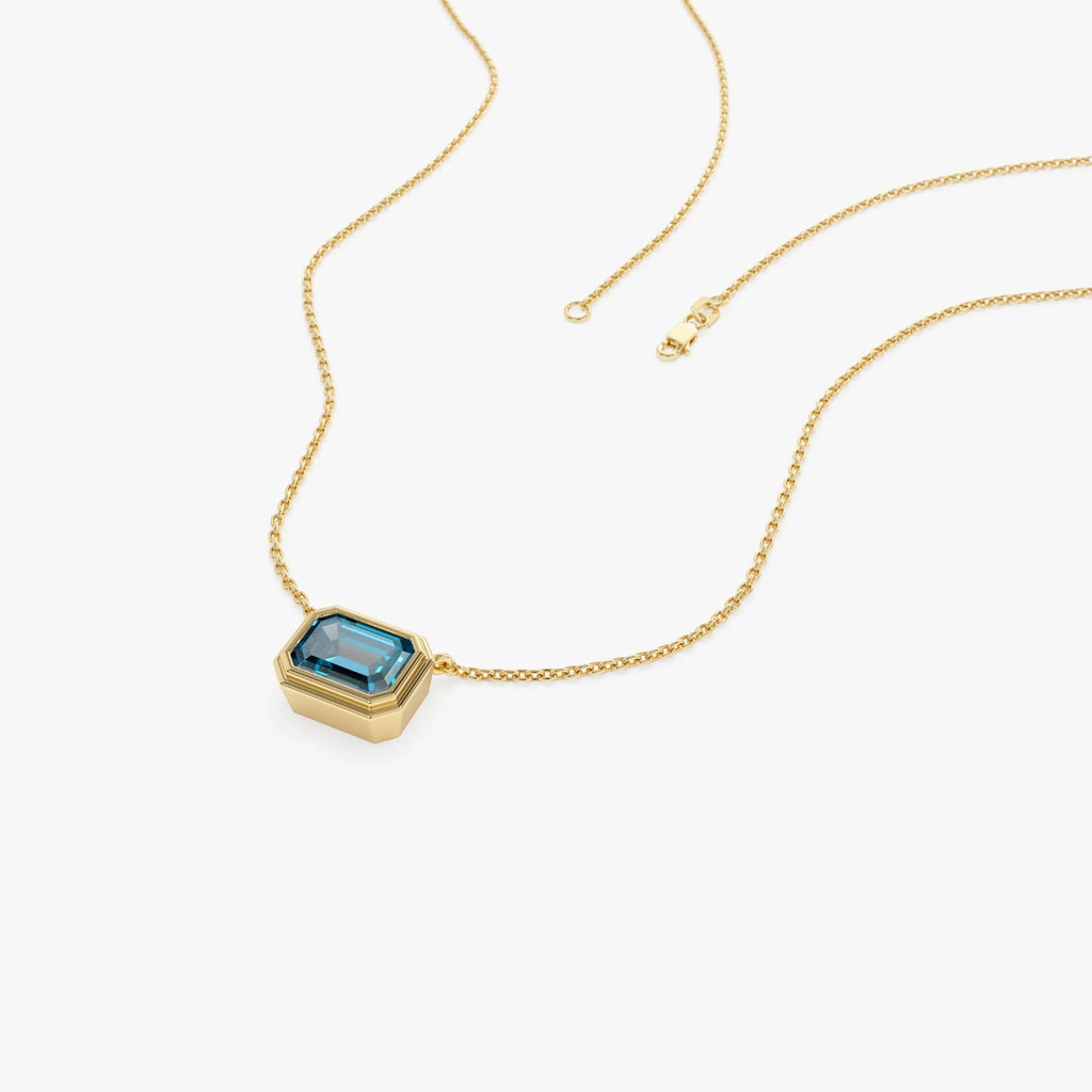 14k Solid Gold London Blue Topaz Emerald Cut Necklace 1.25 Carat Bezel Setting