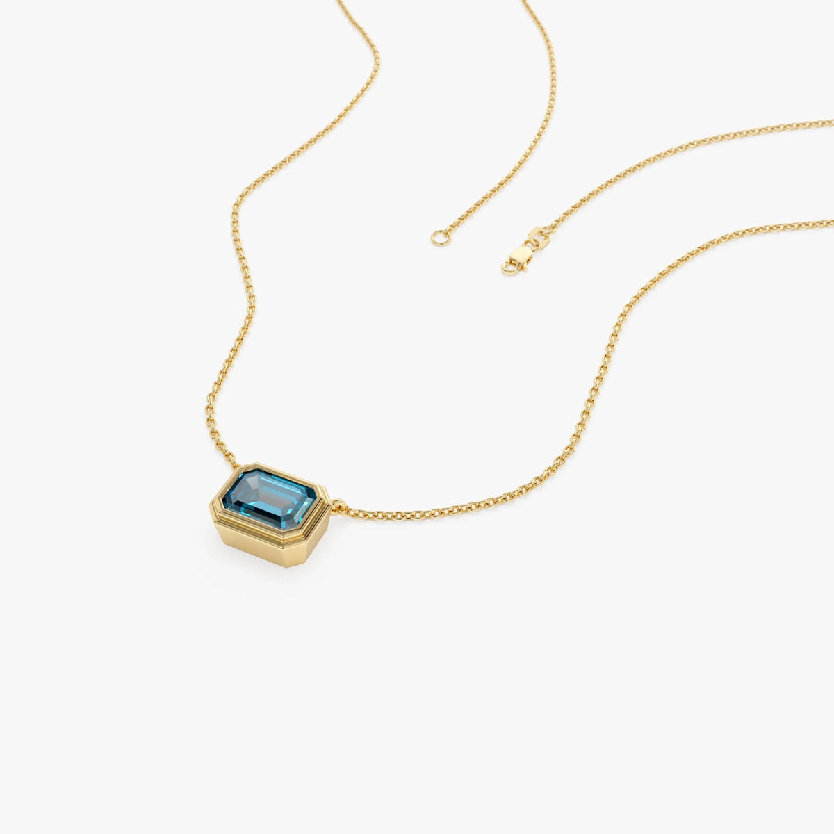 14k Solid Gold London Blue Topaz Emerald Cut Necklace 1.25 Carat Bezel Setting