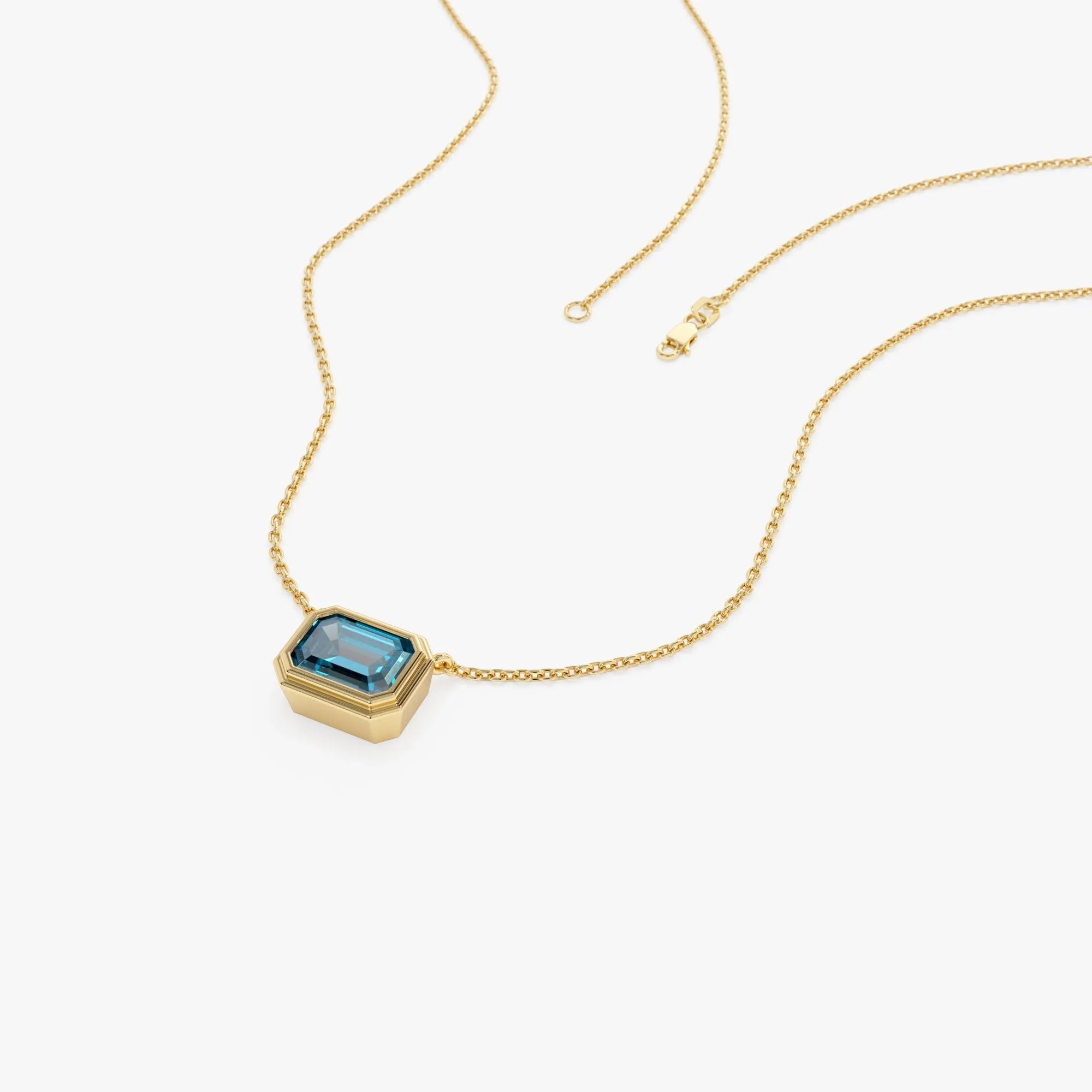 14k Solid Gold London Blue Topaz Emerald Cut Necklace 1.25 Carat Bezel Setting