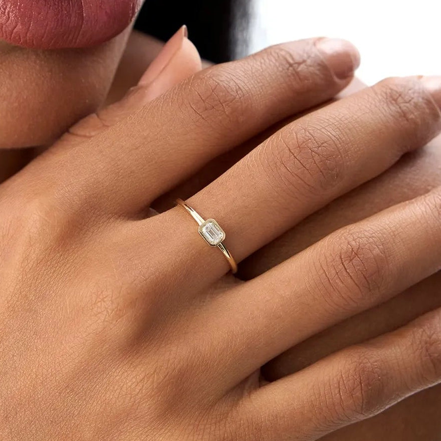 14k Gold Emerald Cut Diamond Bezel Set Solitaire Ring 0.22 Carat