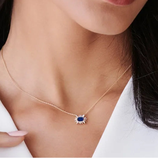 14k Solid Gold Sapphire and Diamond Emerald Cut Tapered Baguette Necklace 0.65 Carat